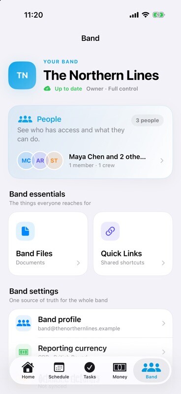 TourNote Band showing people, files and quick links