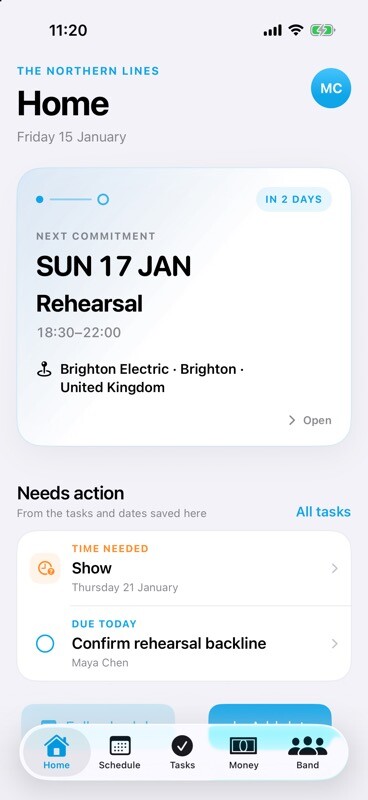 TourNote Home showing the band's next rehearsal and work that needs attention