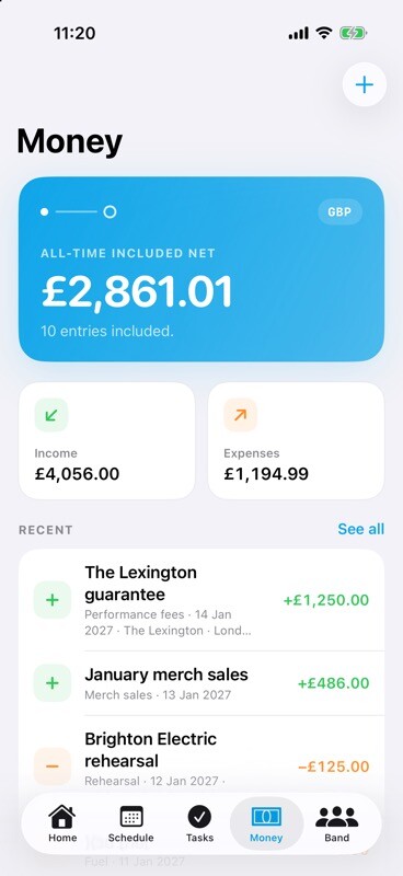 TourNote Money showing band income, expenses and net position