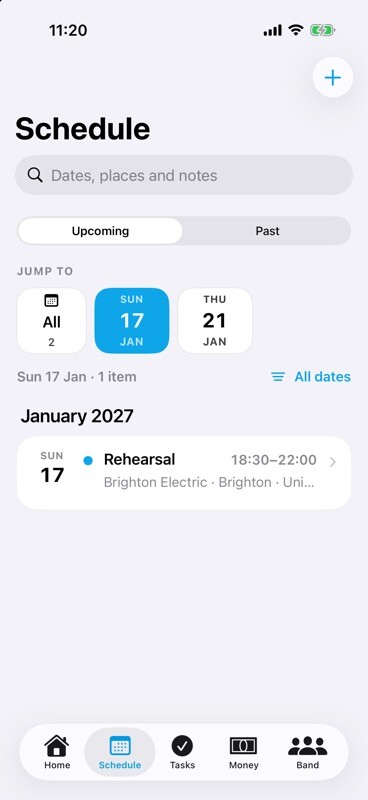 TourNote Schedule showing the band's upcoming dates