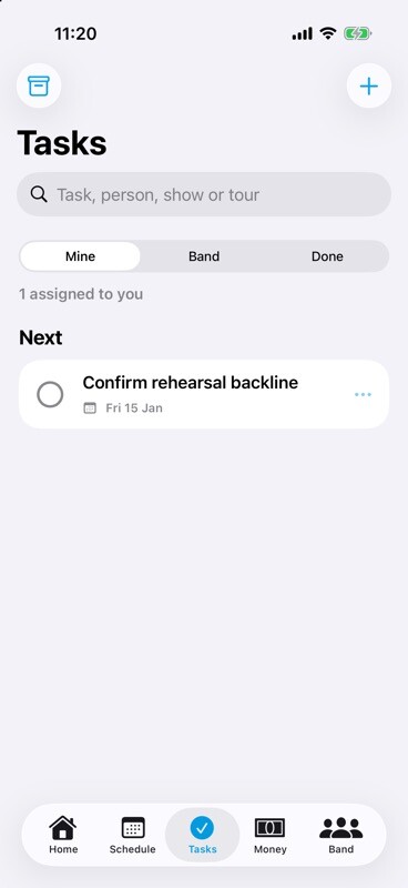 TourNote Tasks showing assigned band work